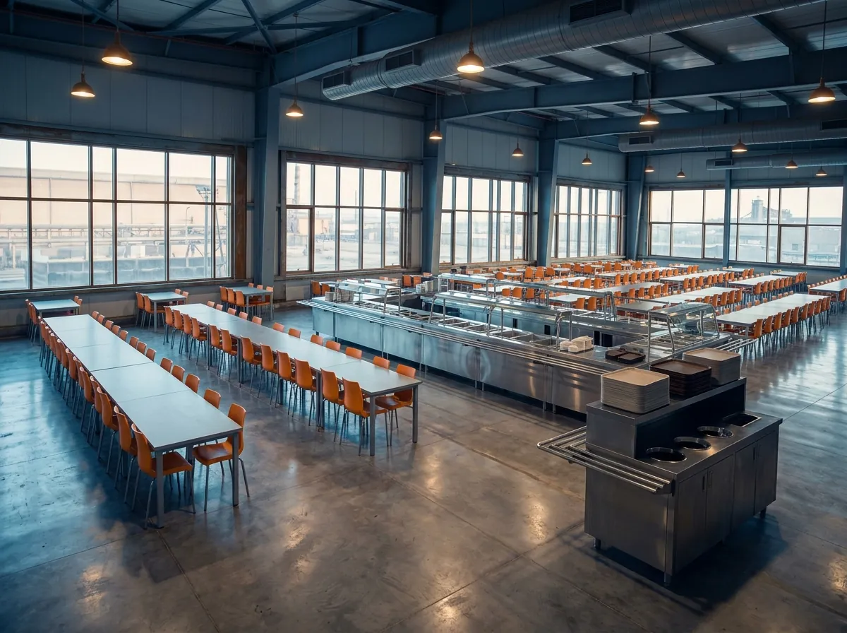 Industrial-site dining hall before service