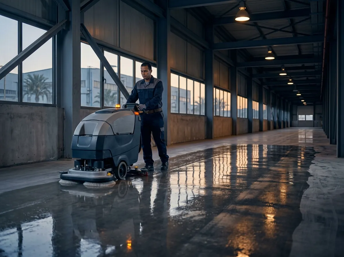 Floor scrubber polishing a facility corridor