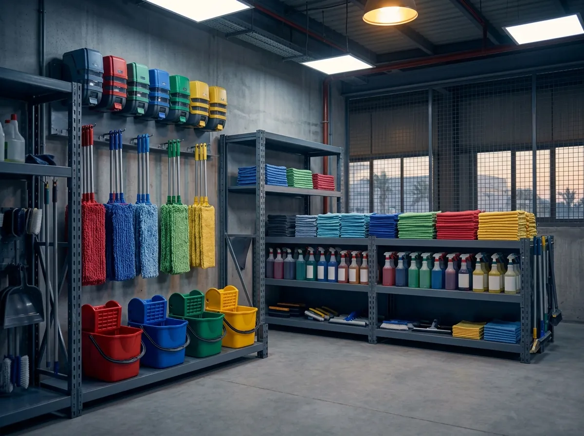 Color-coded janitorial supply room