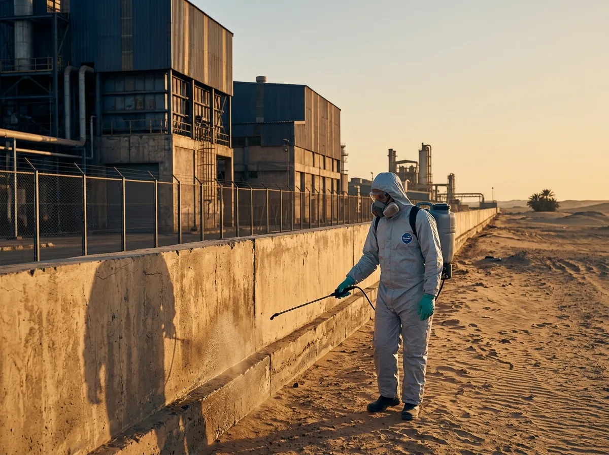 Perimeter pest-control treatment at an industrial fence line
