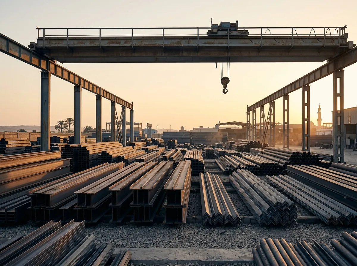 Steel sections yard with gantry crane