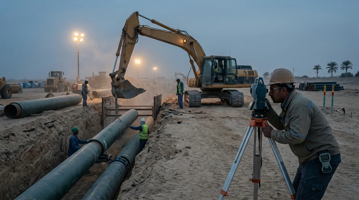 Utility pipeline works with excavator and surveyor